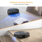 Robot vacuum cleaner with obstacle-dropping sensors on a floor and stairs.