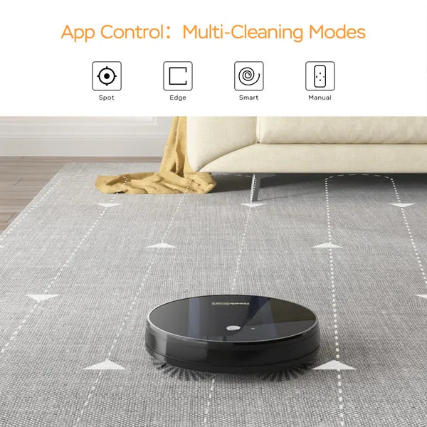 Robotic vacuum cleaner on a carpet with cleaning modes displayed above