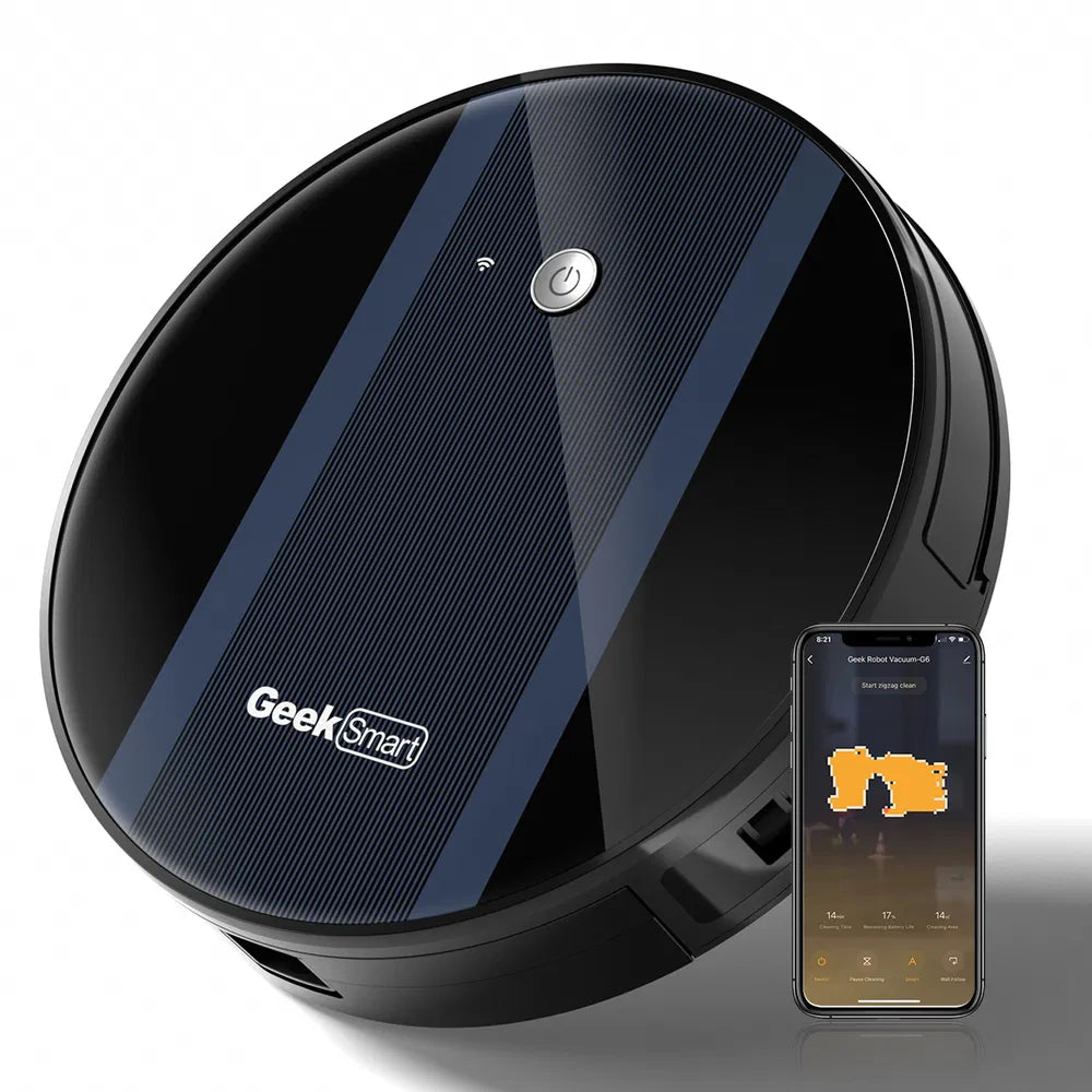 Black and blue robot vacuum cleaner with smartphone app interface on a white background
