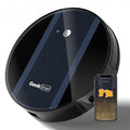 Black and blue robot vacuum cleaner with smartphone app interface on a white background