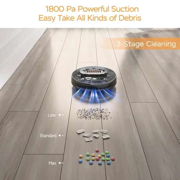 Robotic vacuum cleaner on a wooden floor with cleaning capabilities highlighted.