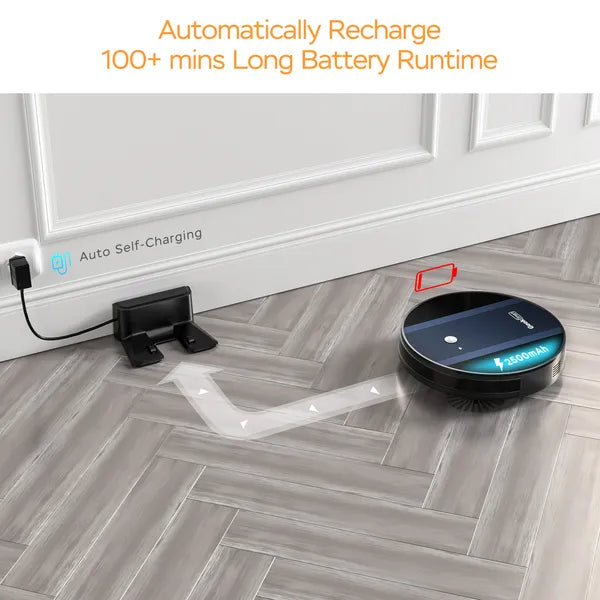 Robot vacuum cleaner charging on a dock with text about battery runtime.