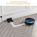 Robot vacuum cleaner charging on a dock with text about battery runtime.